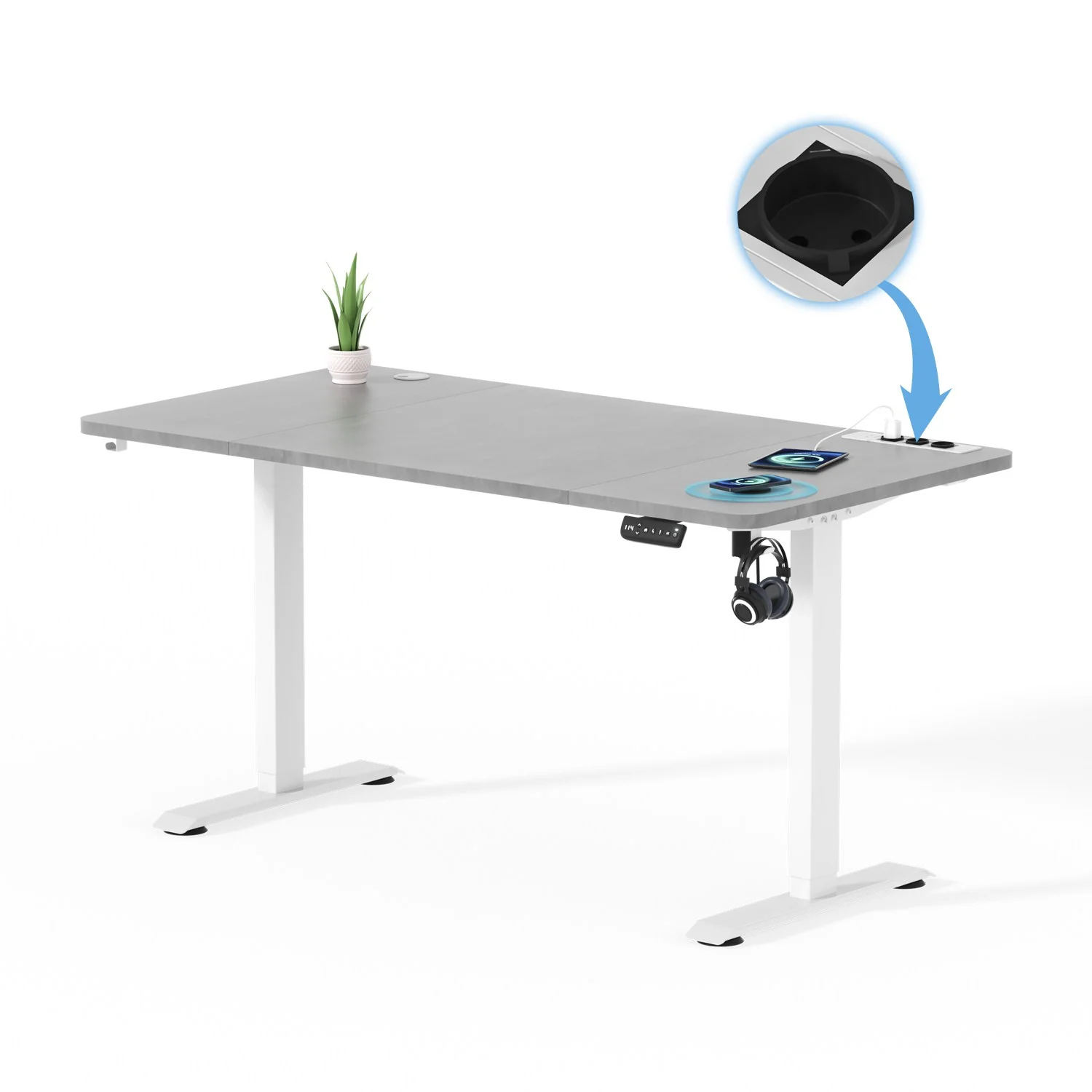 Höhenverstellbarer Schreibtisch mit USB Kabelloses Steckdosen Computertisch - Image 11