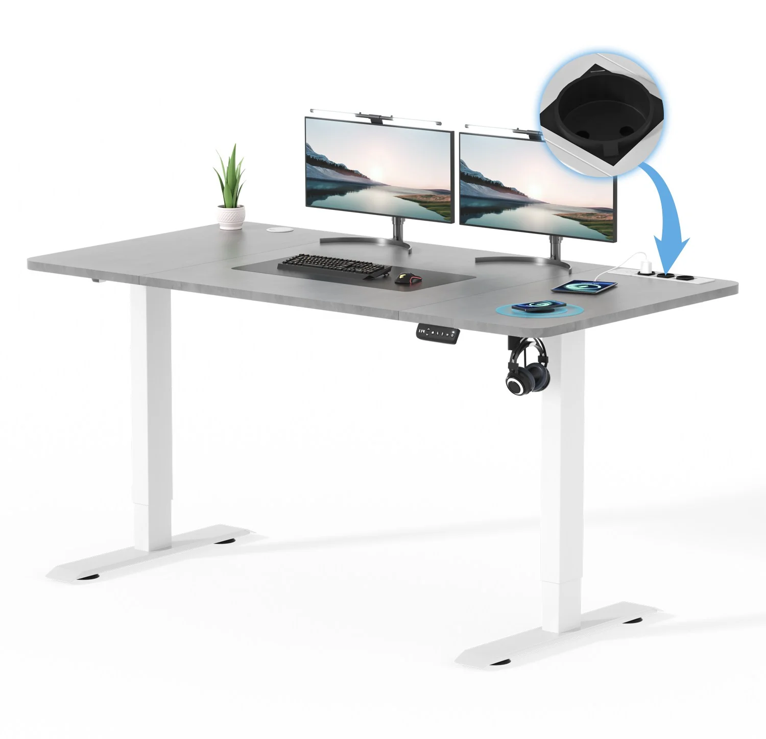 Höhenverstellbarer Schreibtisch mit USB Kabelloses Steckdosen Computertisch - Image 12