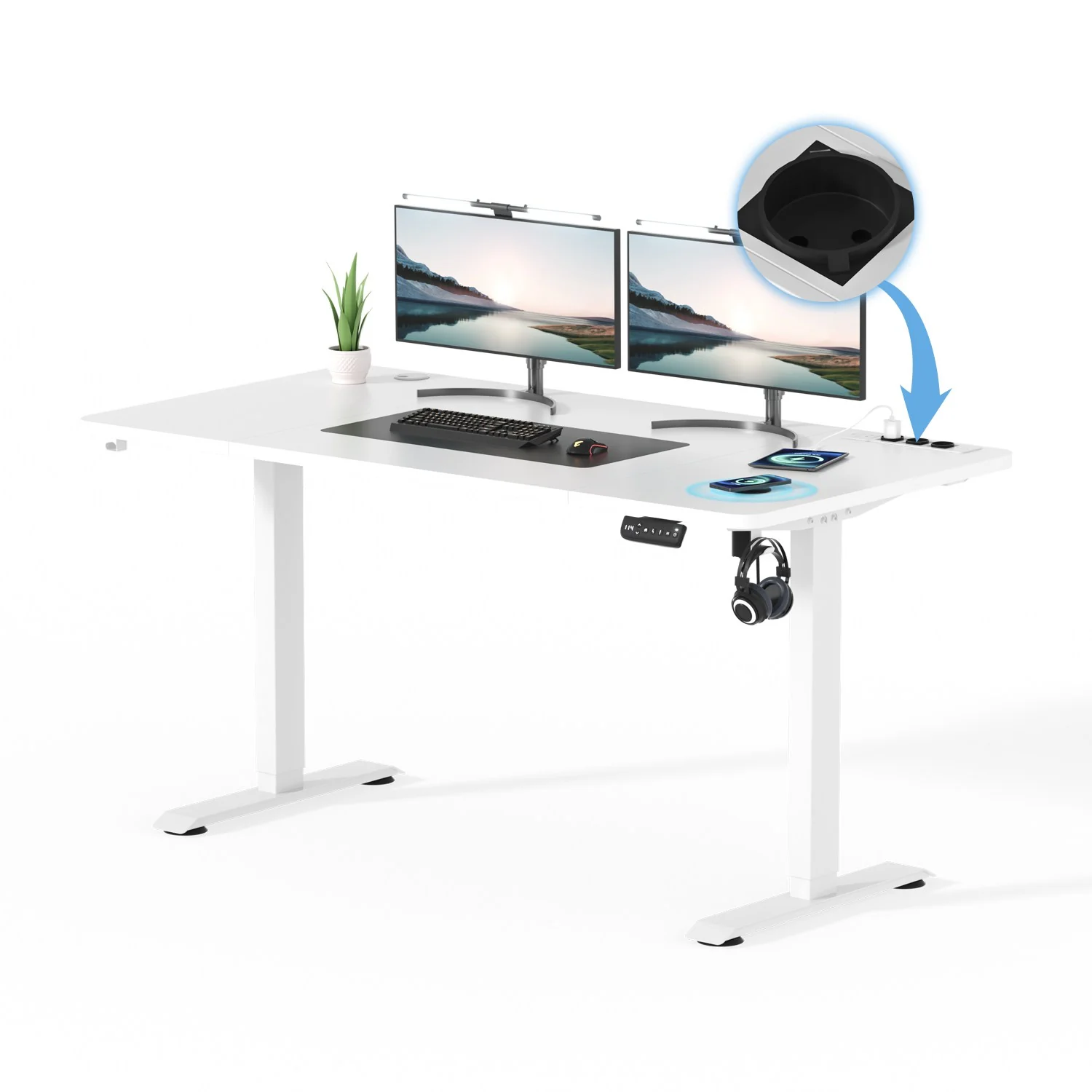 Höhenverstellbarer Schreibtisch mit USB Kabelloses Steckdosen Computertisch - Image 13