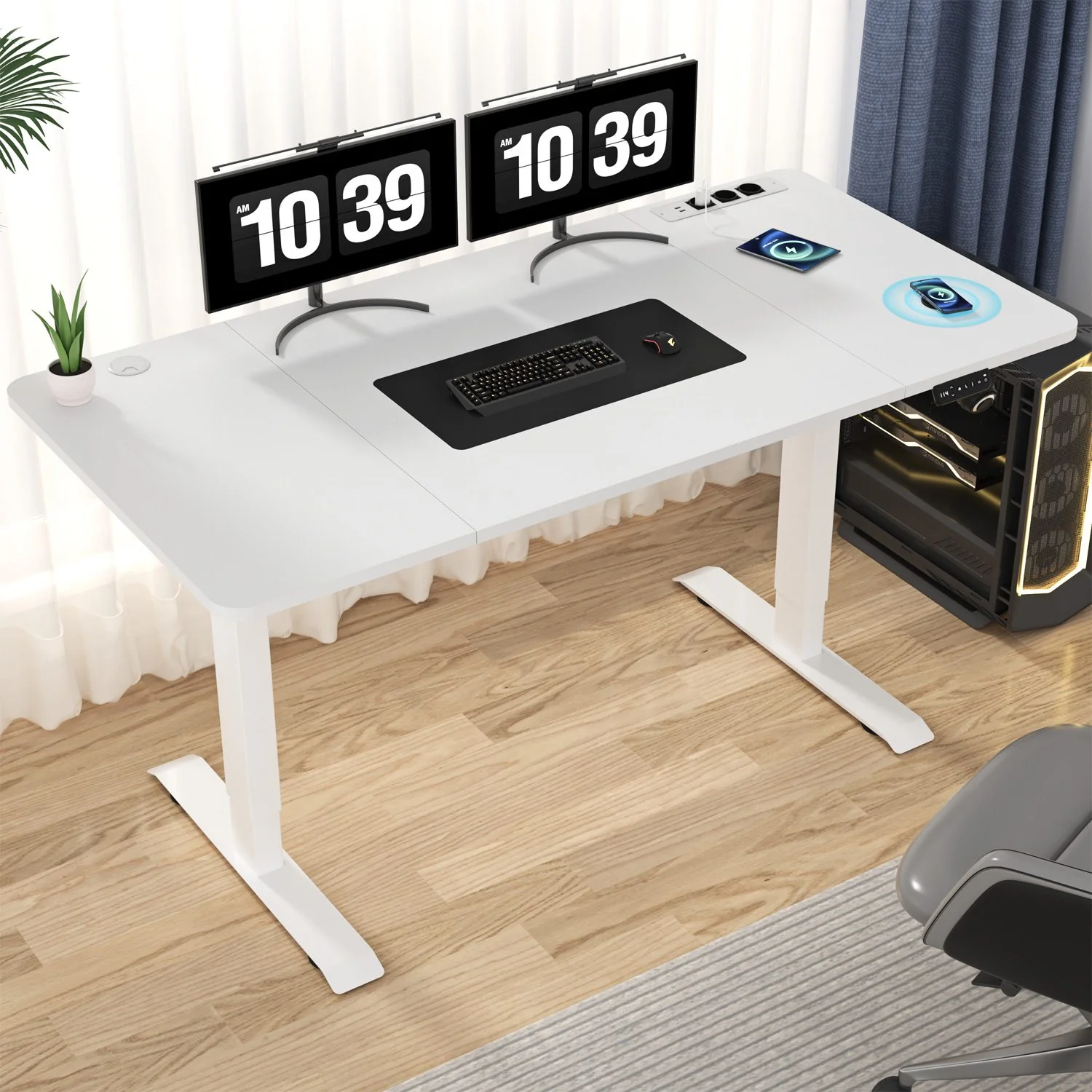 Höhenverstellbarer Schreibtisch mit USB Kabelloses Steckdosen Computertisch - Image 3