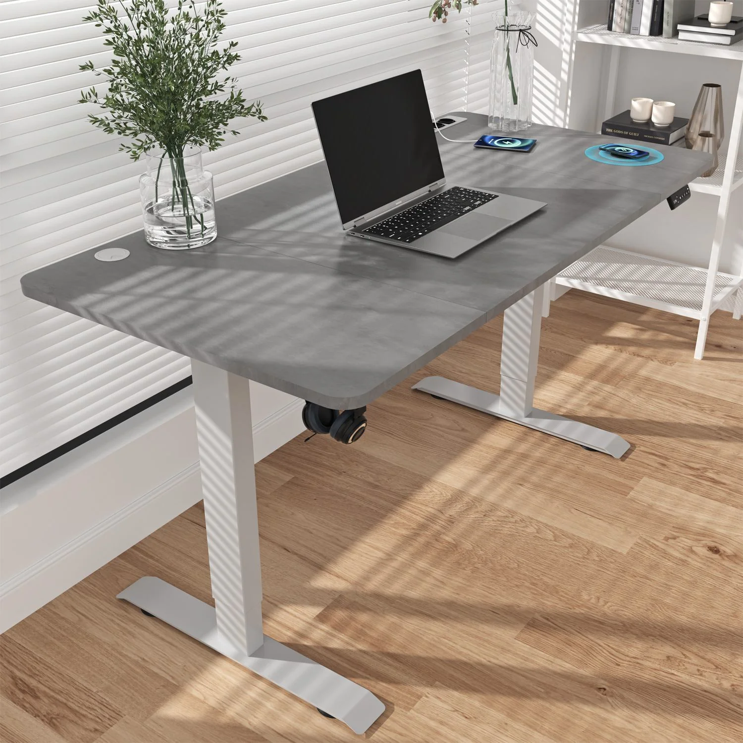 Höhenverstellbarer Schreibtisch mit USB Kabelloses Steckdosen Computertisch - Image 4