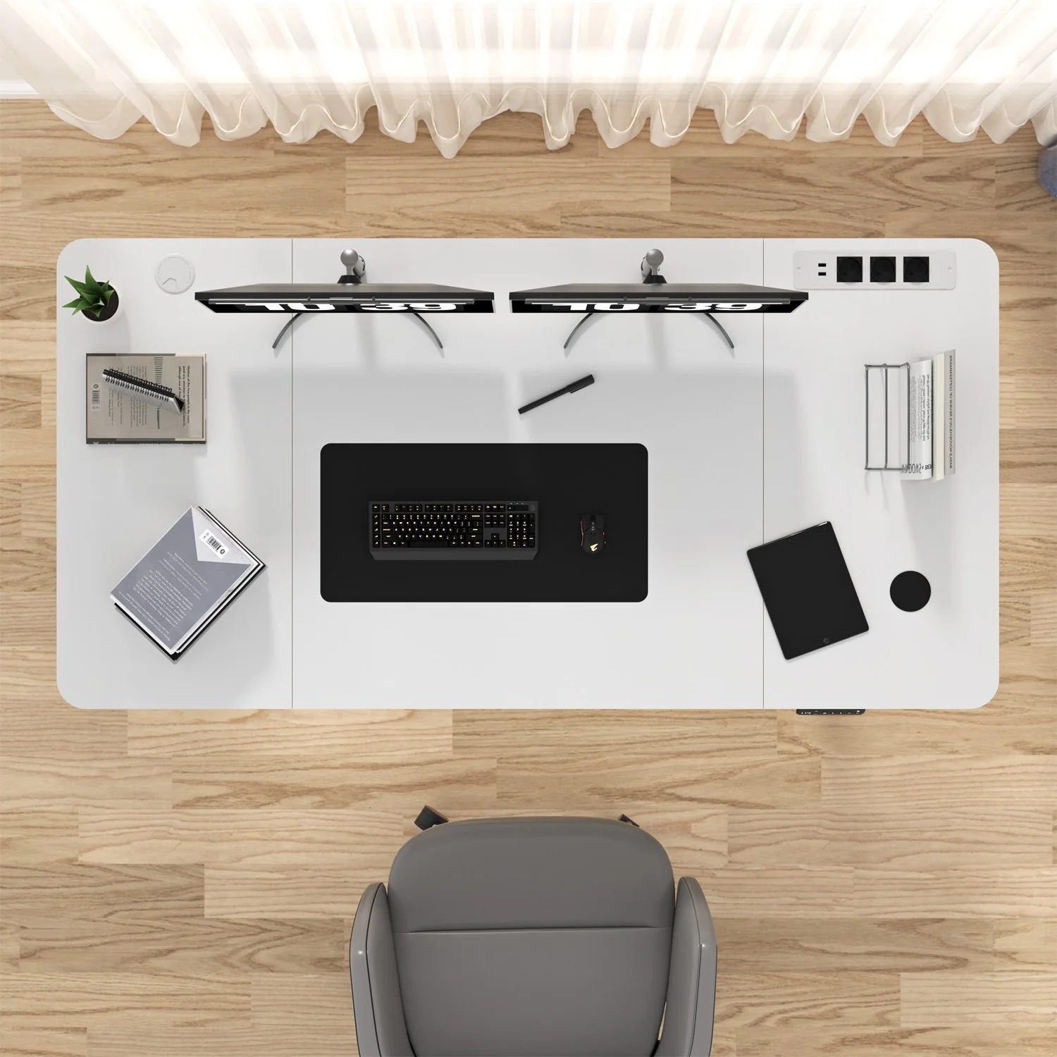 Höhenverstellbarer Schreibtisch mit USB Kabelloses Steckdosen Computertisch - Image 6