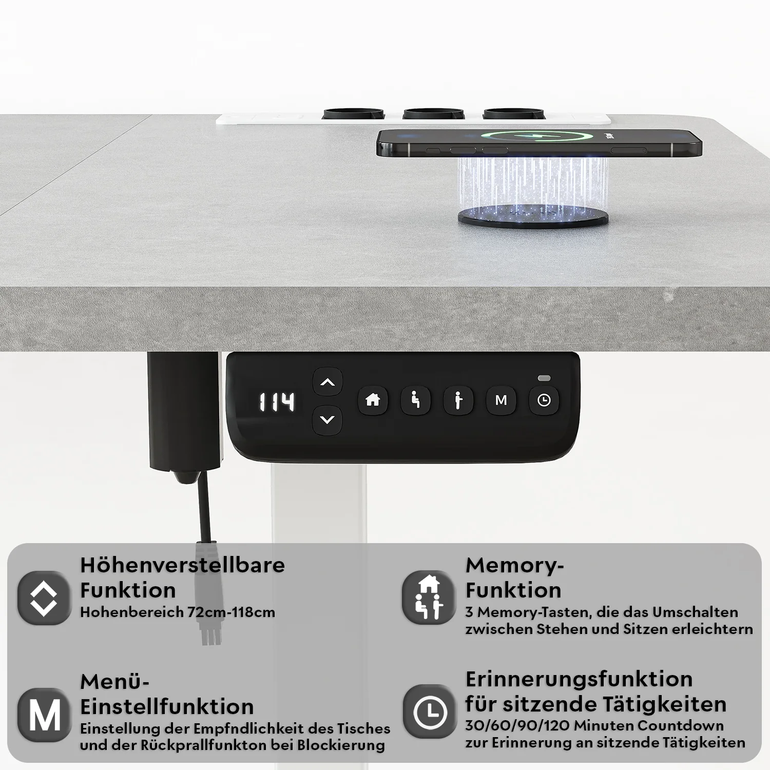 Elektrisch höhenverstellbarer Schreibtisch mit Steckdosenleiste und kabellosem Laden - Image 3