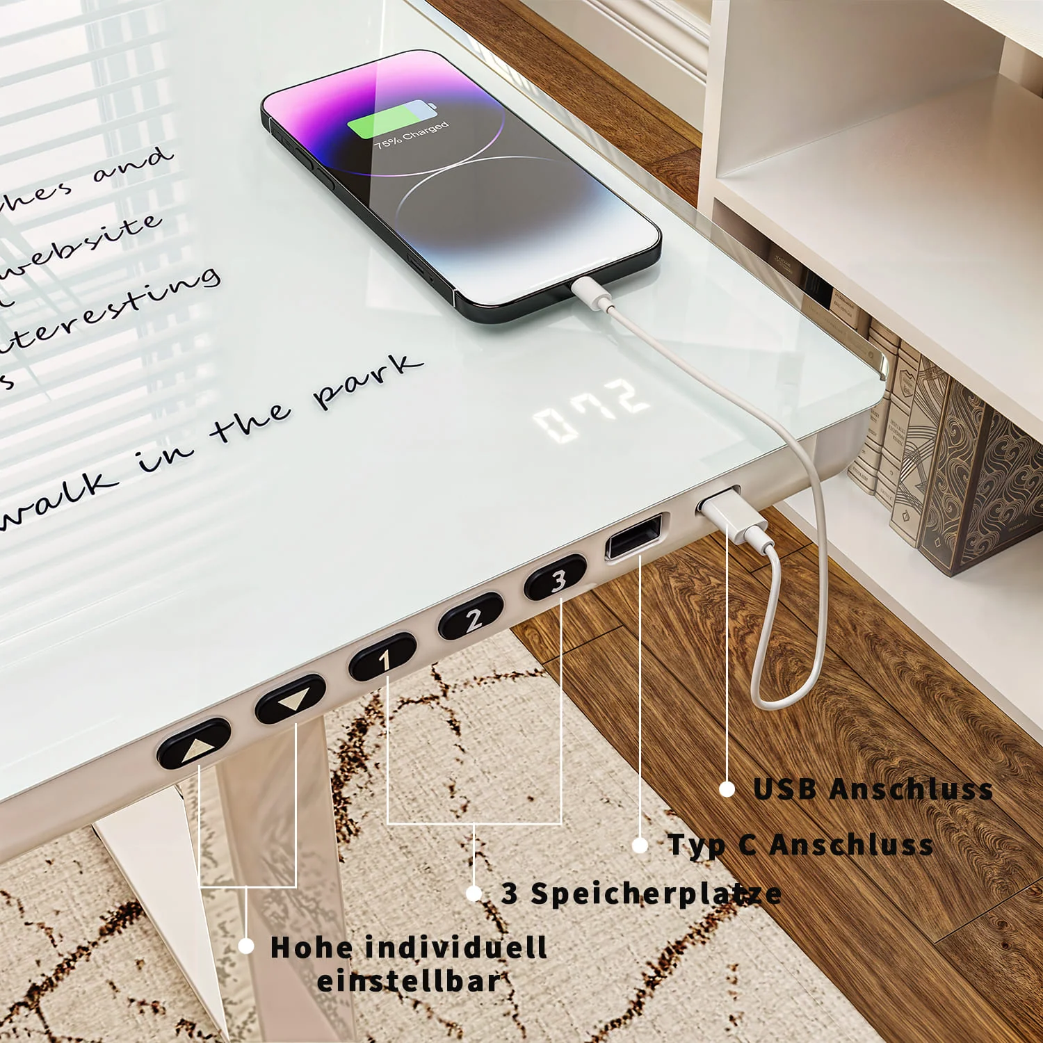 G2 Höhenverstellbarer Schreibtisch mit Einteilige Glasplatte Ergonomischer Stehschreibtisch Computertisch - Image 5
