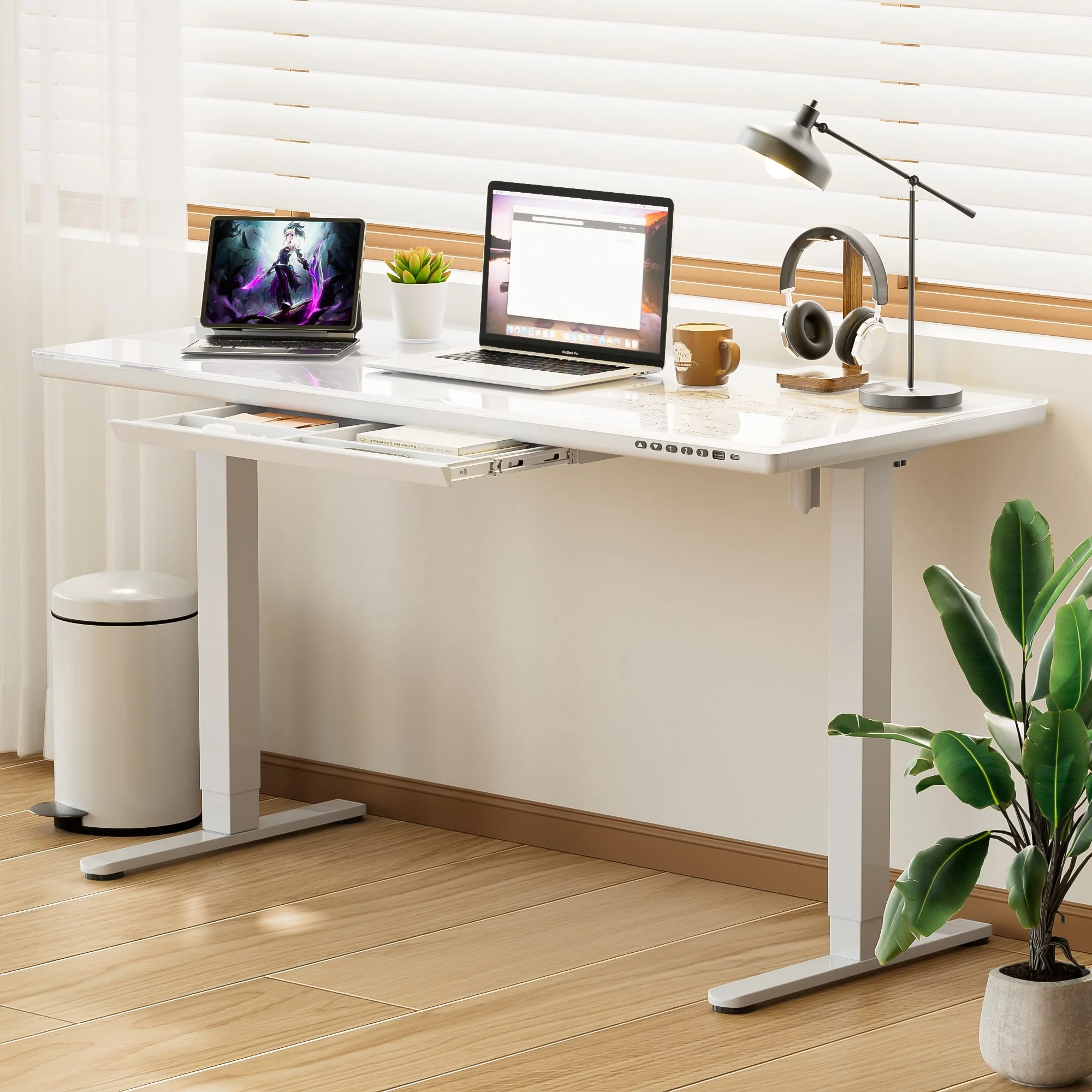 G2 Höhenverstellbarer Schreibtisch mit Einteilige Glasplatte Ergonomischer Stehschreibtisch Computertisch - Image 8